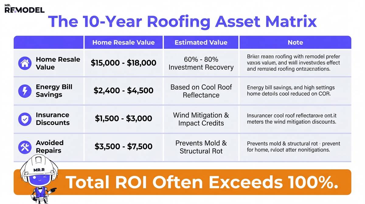 A technical data table illustrating the multifaceted return on investment for a $25,307 roof replacement over a 10-year period.